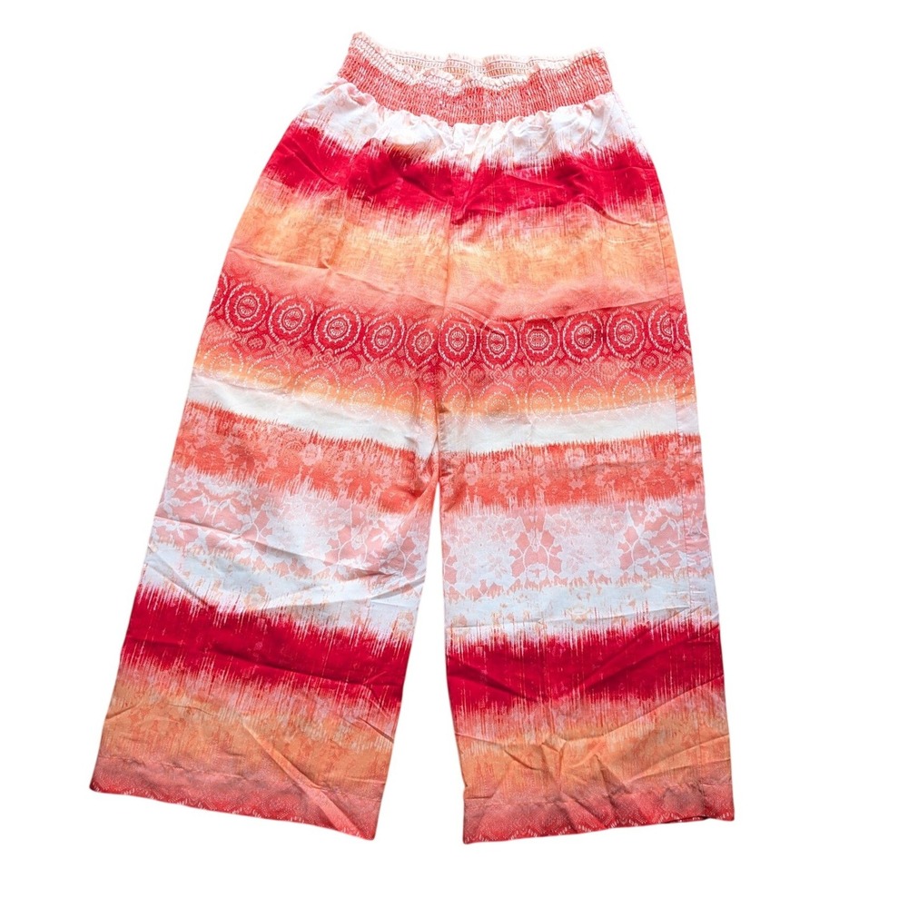 Cato Womens Red Orange Tie Dye Wide Leg‎ Pants Smocked Waist Boho Medallion M